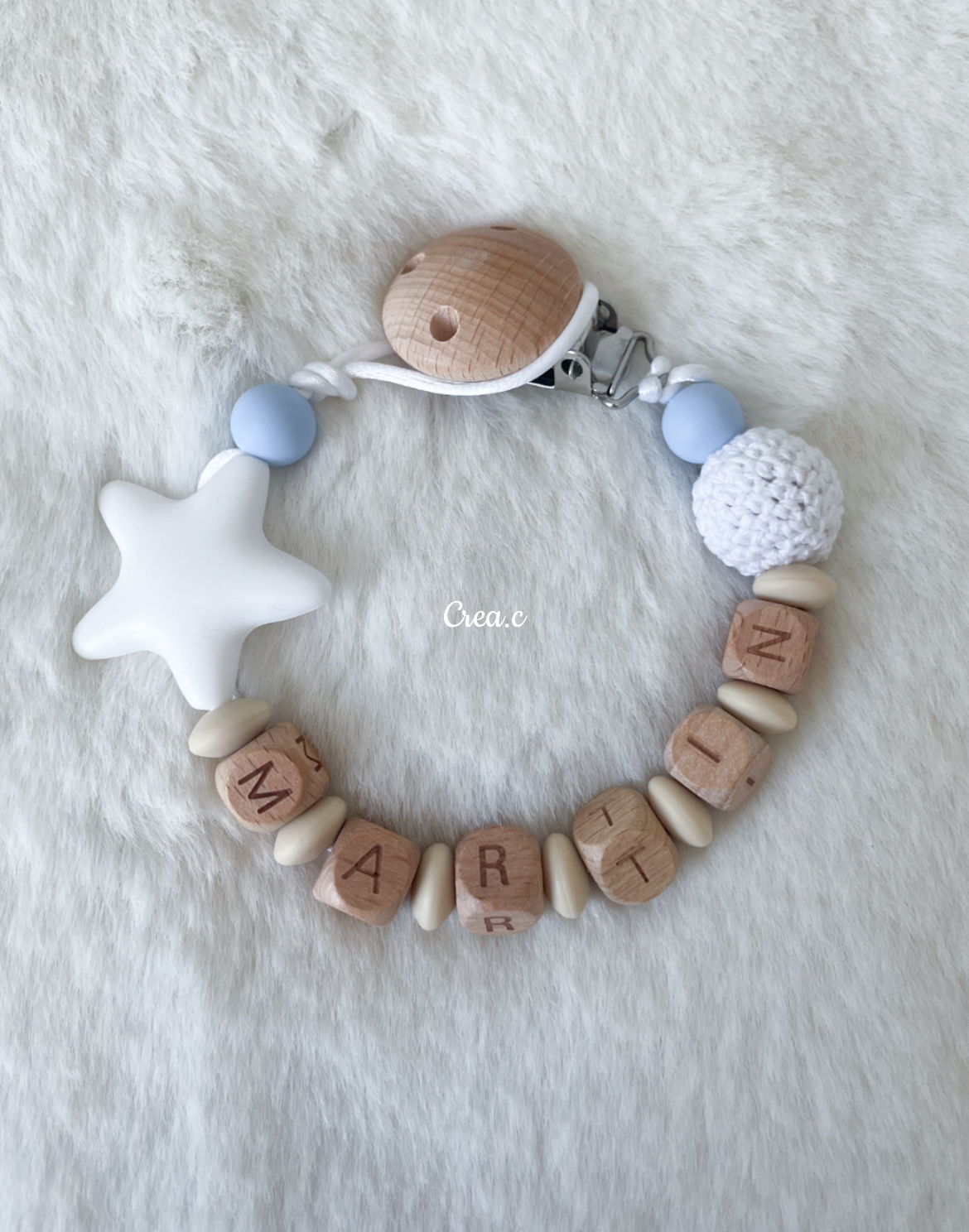 Attache-Tétine Étoile Blanche | Perle Tricot | Perles Beige & Bleu | Personnalisable avec Prénom