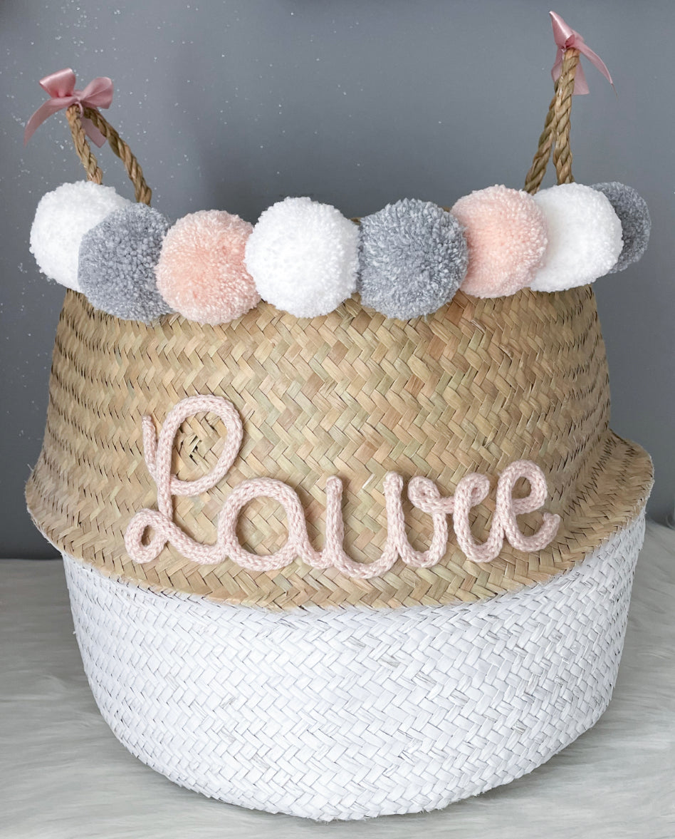 Panier à pompons Rose, gris, blanc
