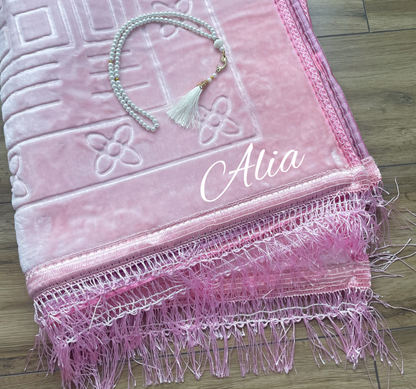 Tapis de prière rose avec tasbih personnalisé