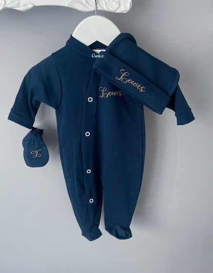 Tenue de naissance bleu nuit 3 pièces en coton à personnaliser