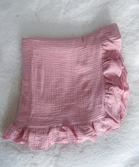 Couverture rose en double gaze de coton et froufrou à personnaliser