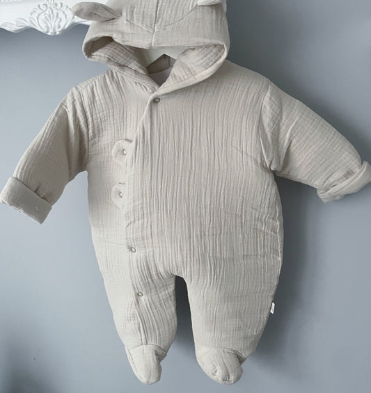 Combinaison Pilote Bébé en Gaze de Coton Taupe - Broderie Personnalisable